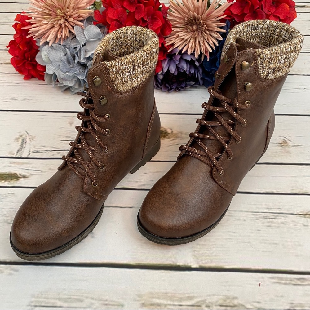 Brown Sweater Cuff Lace Up Ankle Boot - Picture 8 of 15